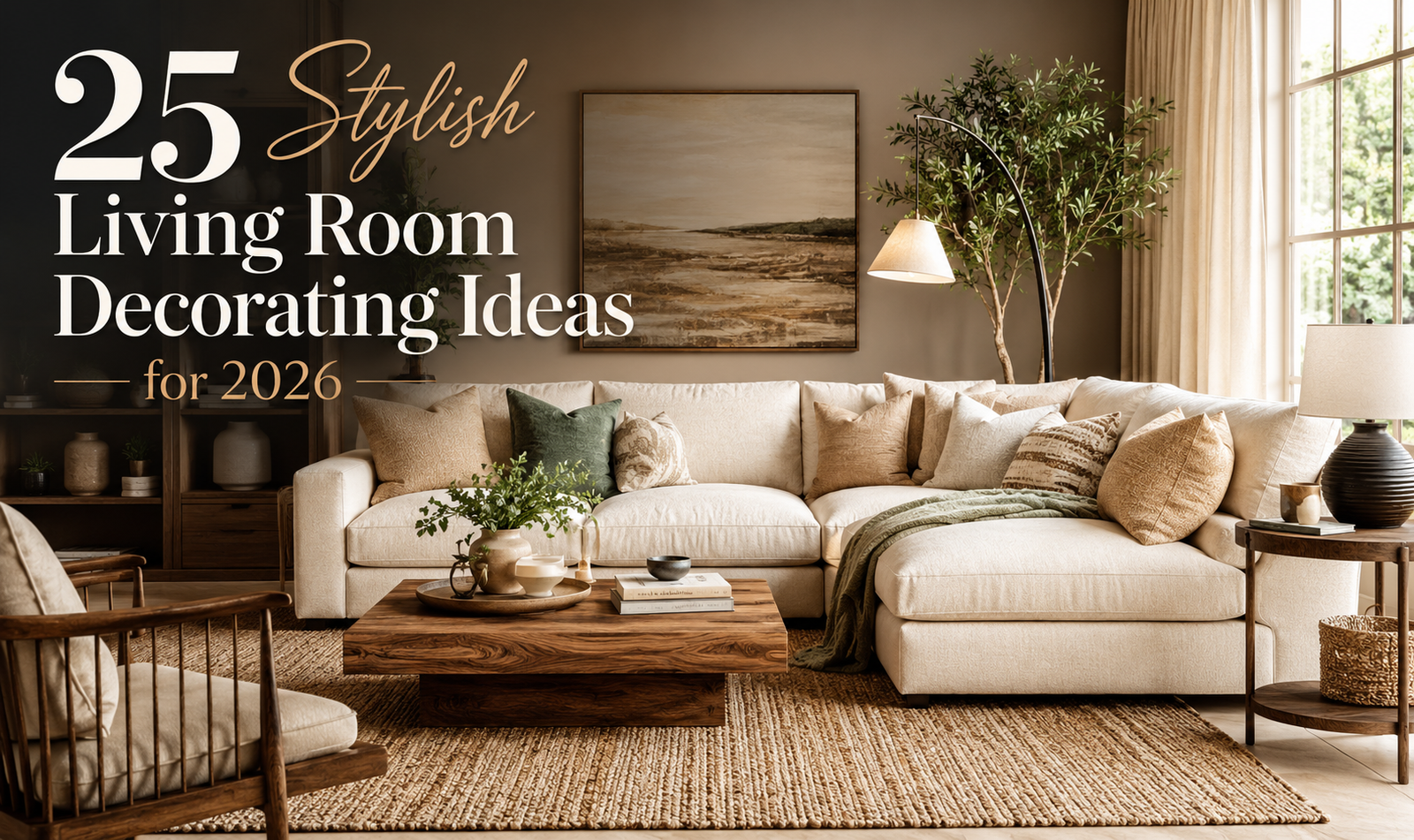 16+ gorgeous living room decorating ideas for 2026 with cozy furniture, warm colors, stylish decor, natural textures, rugs, and layered lighting.