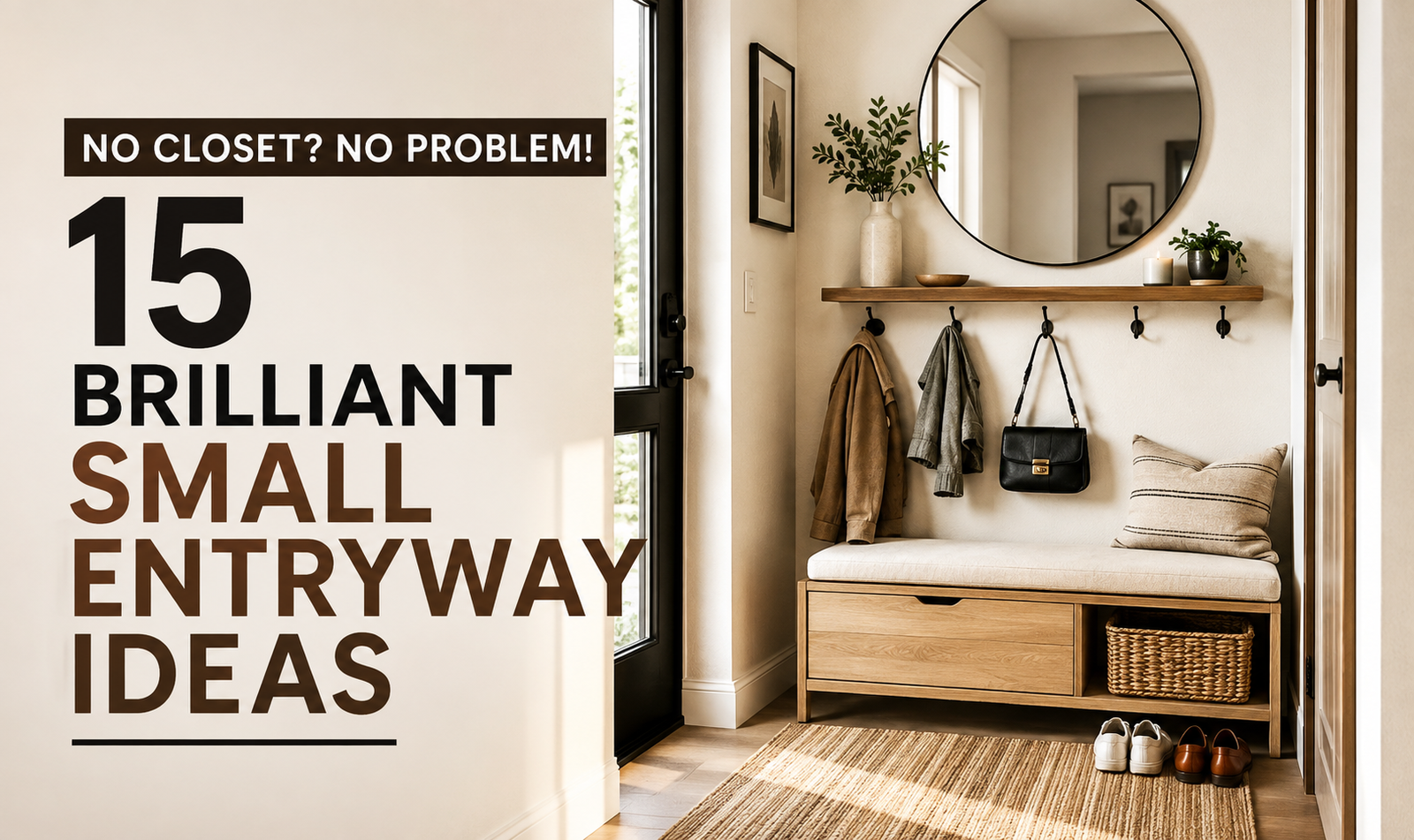 Small entryway decor with no closet featuring smart storage, wall hooks, bench, mirror, baskets, and organized shoes.