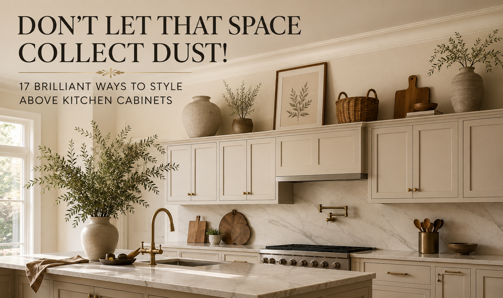 Decorate above kitchen cabinets with simple, stylish decor for an elegant, clutter-free kitchen.