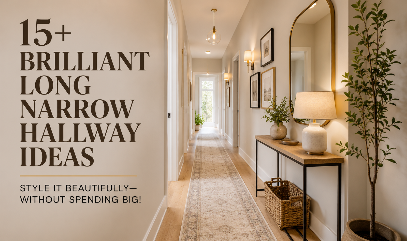 Long narrow hallway with a stylish runner, wall mirror, simple artwork, and budget-friendly decor.