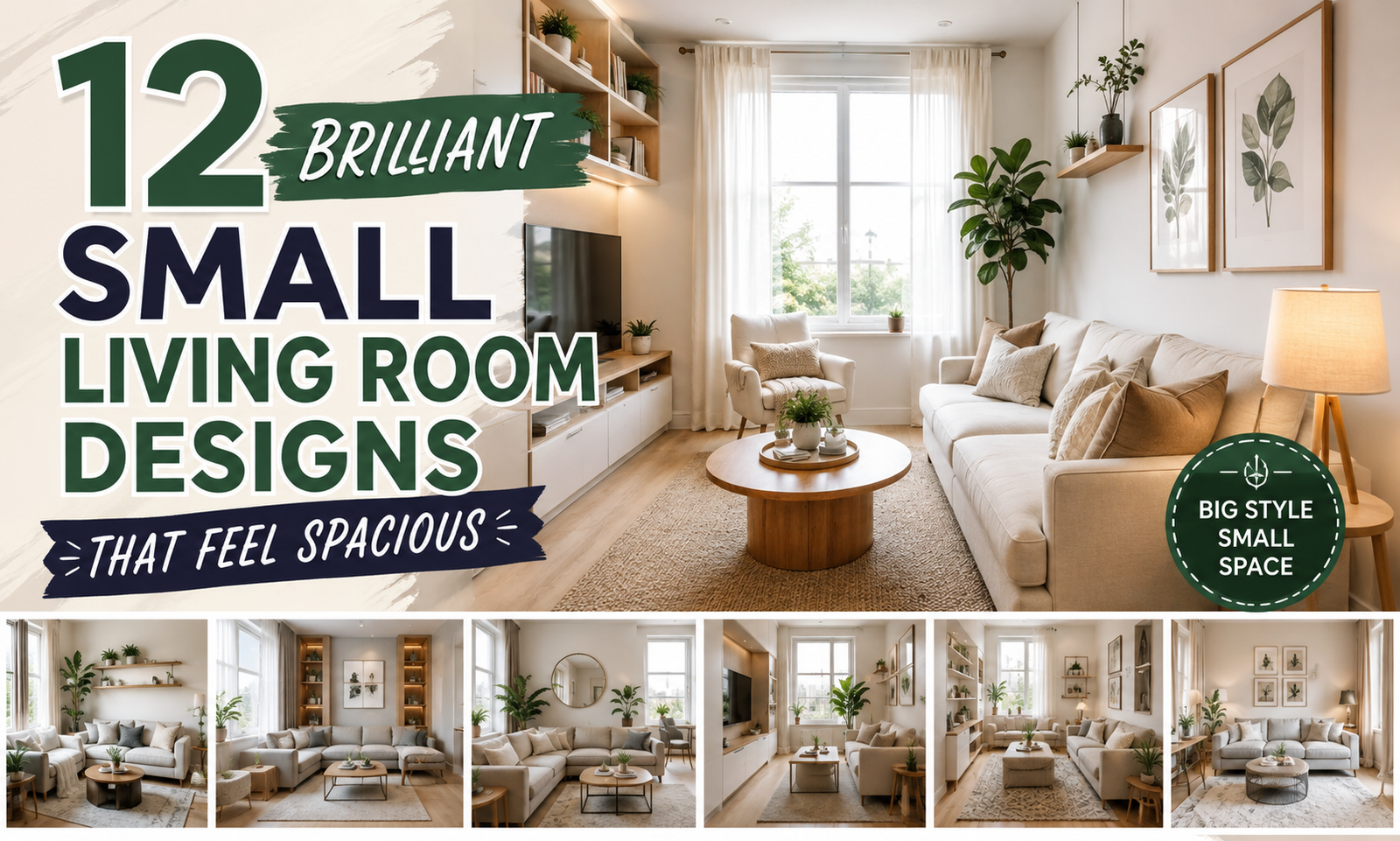 Elegant small living room with space-saving furniture, neutral decor, and a smart open layout