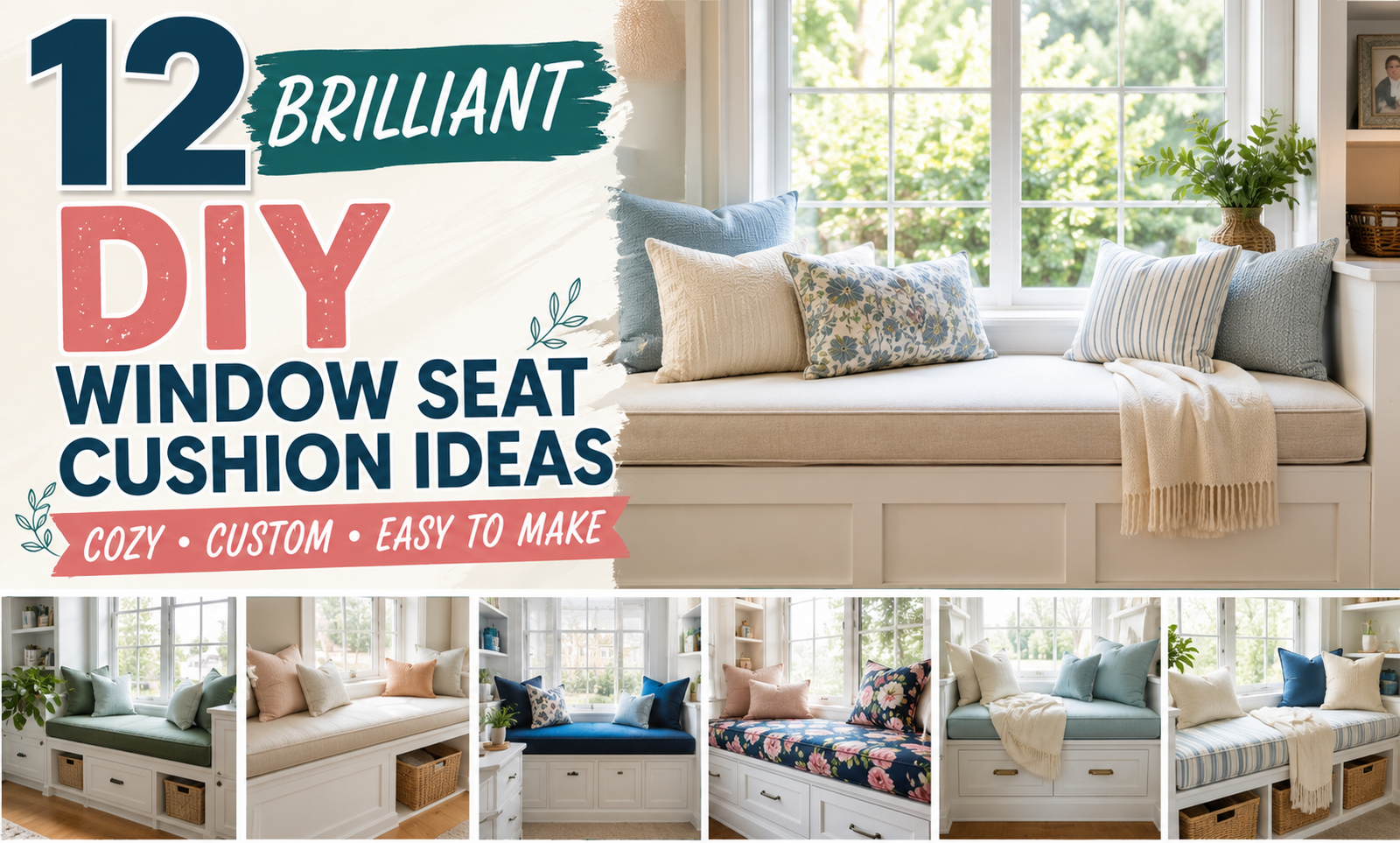 Cozy upholstered window seat cushion in a bright reading nook with neutral fabric and decorative pillows