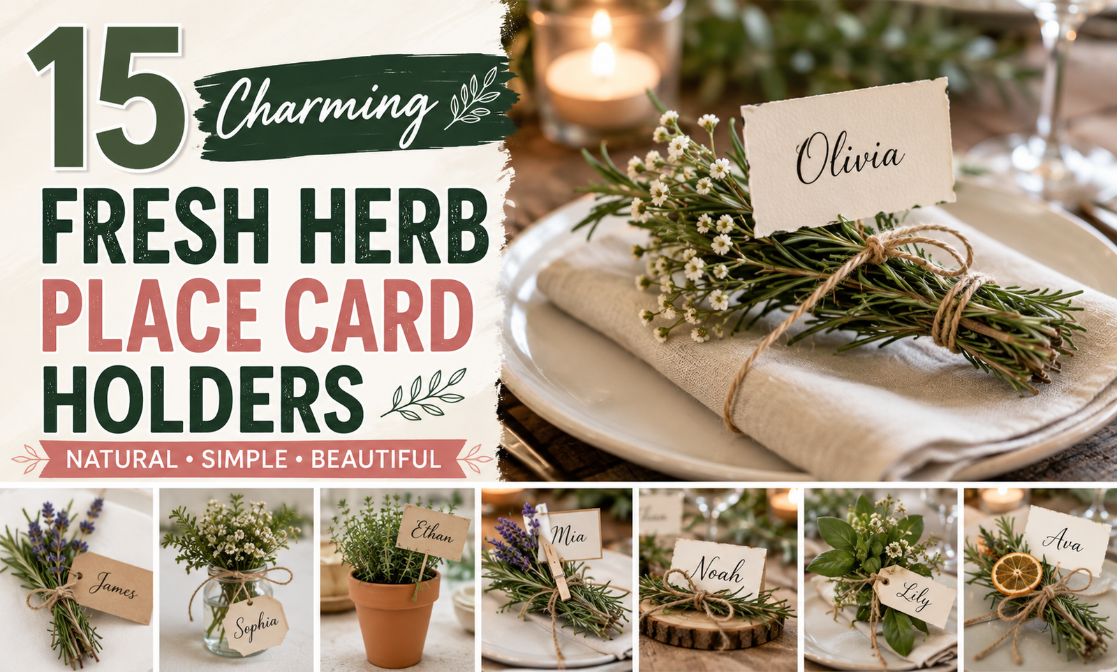 Elegant dining table with handmade fresh herb place card holders, delicate flowers, linen napkins, and natural table decor