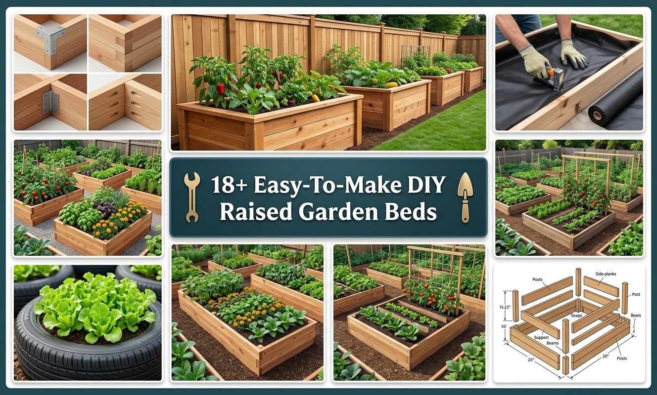 Beautiful DIY raised garden beds filled with vegetables and herbs in a sunny backyard