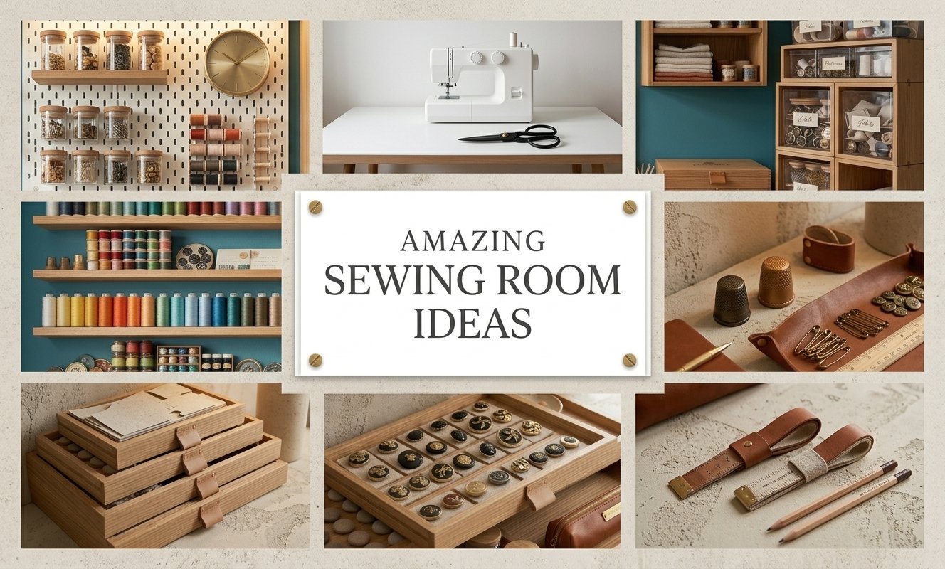 Small stylish sewing room with compact desk, organized fabric storage, and creative workspace