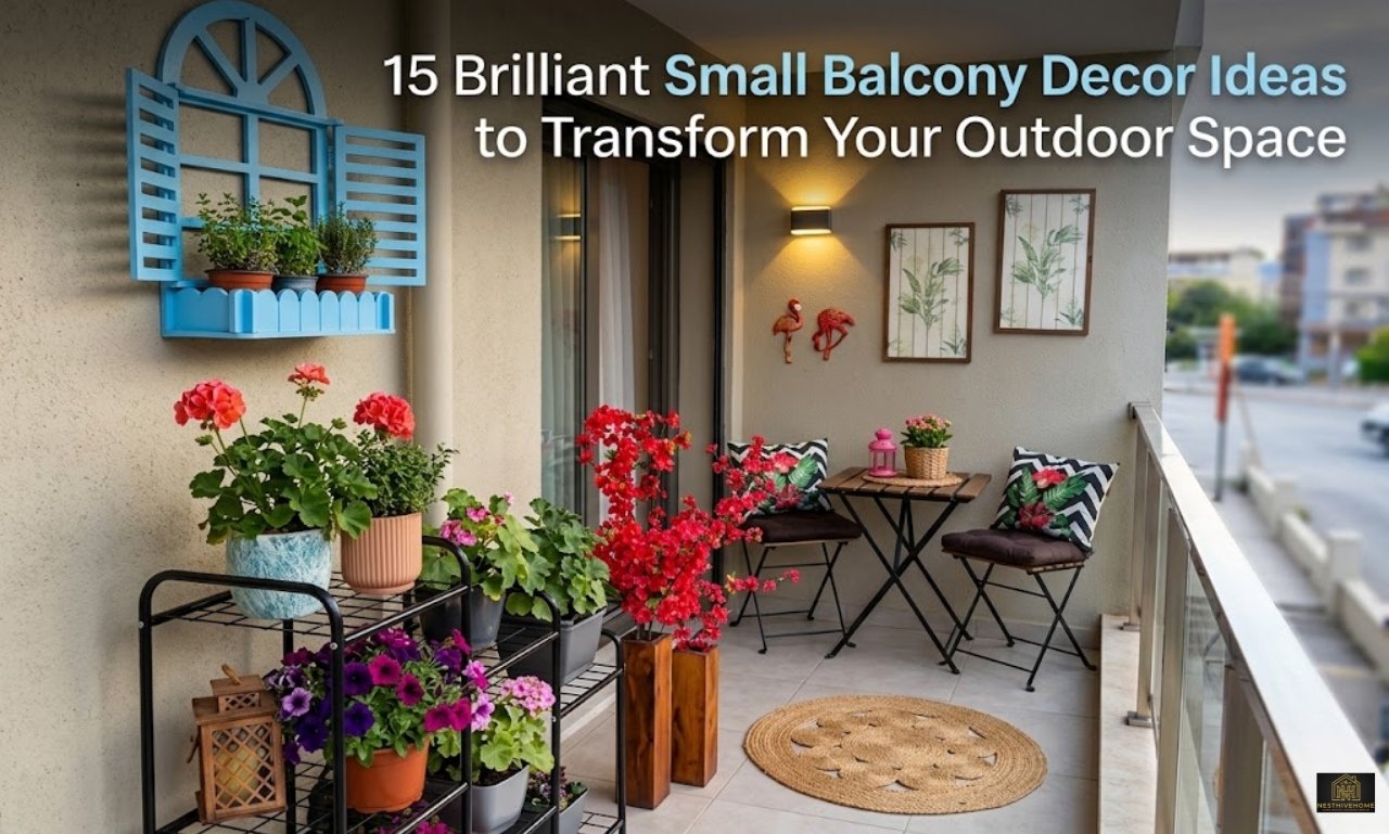 Small balcony decor ideas featuring a compact seating area, vertical greenery, outdoor rug, warm string lights, and space-saving furniture