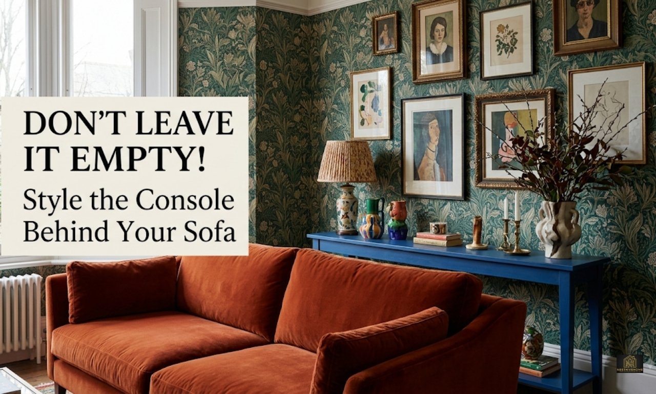 Console table behind a beige couch styled with a table lamp, vase, books, greenery, and neutral decor in a modern living room.