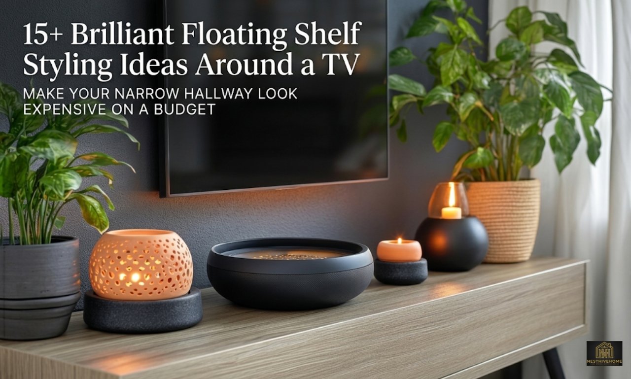 floating shelf styling around a TV with modern decor.
