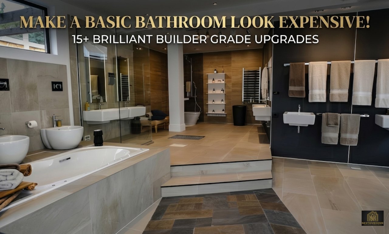 builder grade bathroom with elegant mirror, brass hardware, warm vanity, and luxury decor
