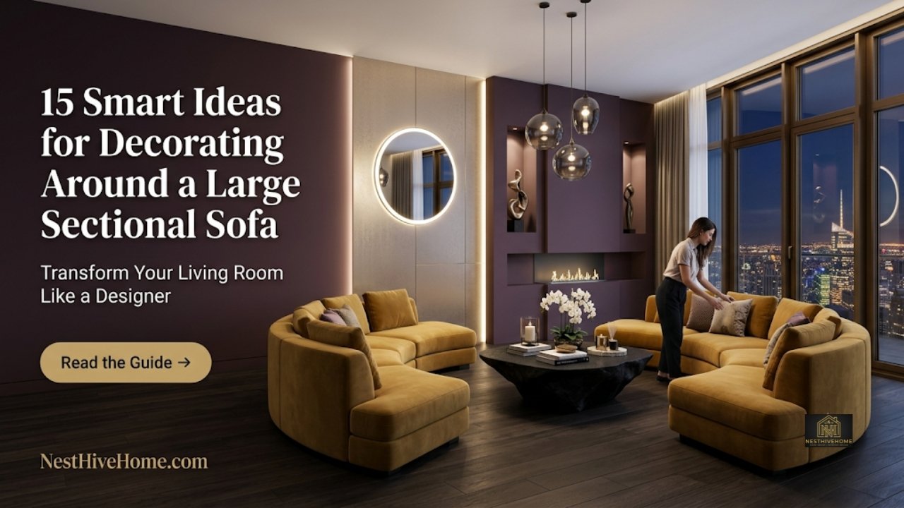 Decorating around a large sectional sofa in a modern luxury living room with stylish furniture, neutral décor, natural lighting, and elegant home accessories.