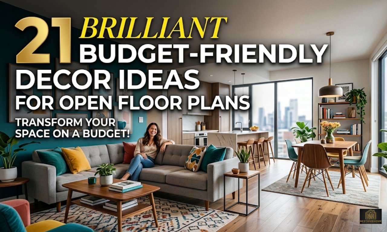 budget-friendly decor ideas for open floor plans with stylish furniture, rugs, lighting, and modern accessories
