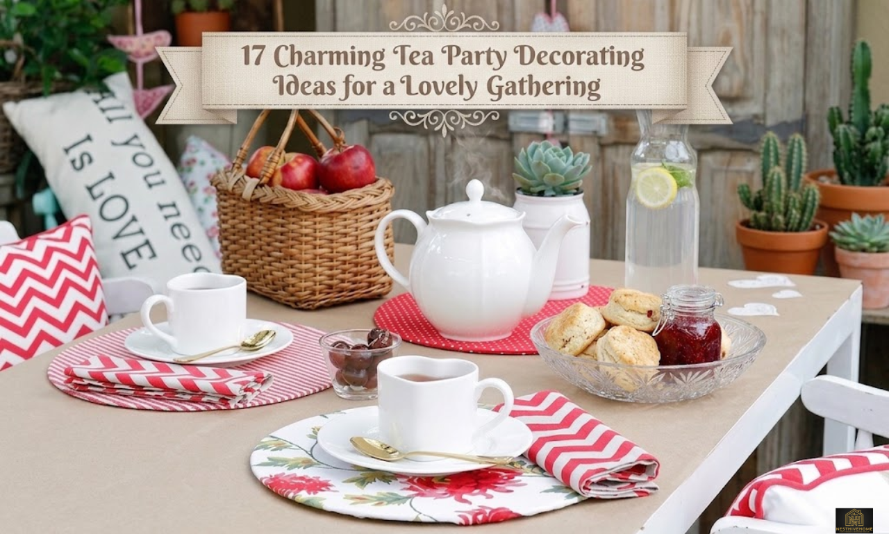 Elegant tea party table with vintage teacups, soft floral arrangements, tiered desserts, linen napkins, and graceful table accents