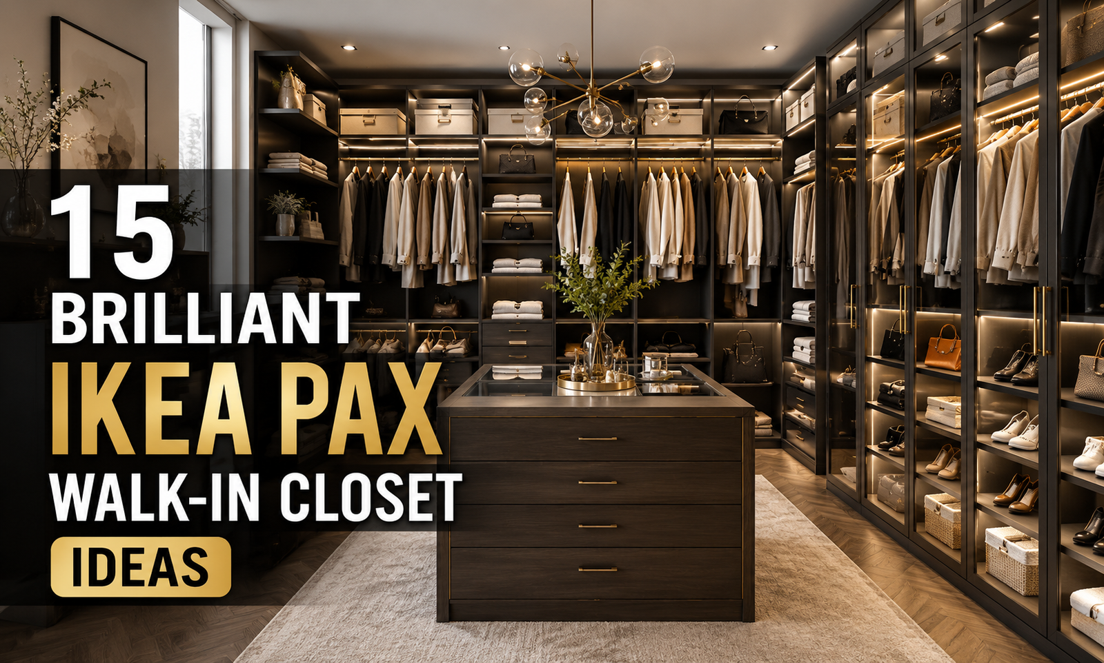 Luxury custom IKEA PAX walk-in closet with walnut accents, glass doors, drawers, shelves, and elegant lighting