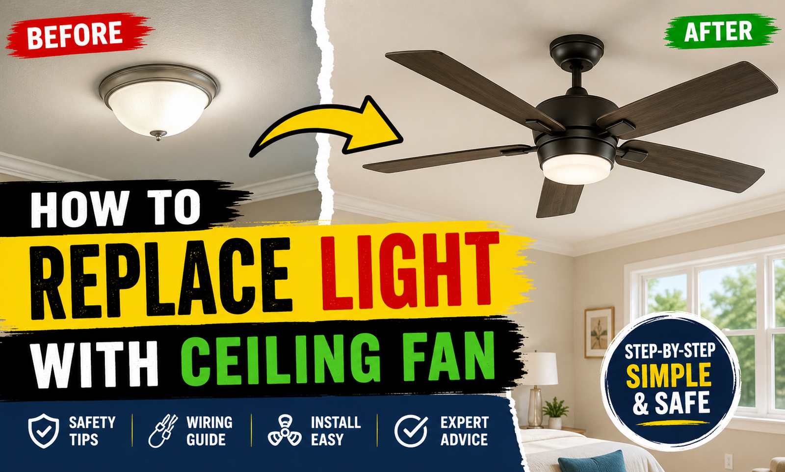 Modern ceiling fan installed in a stylish living room replacing an old ceiling light fixture