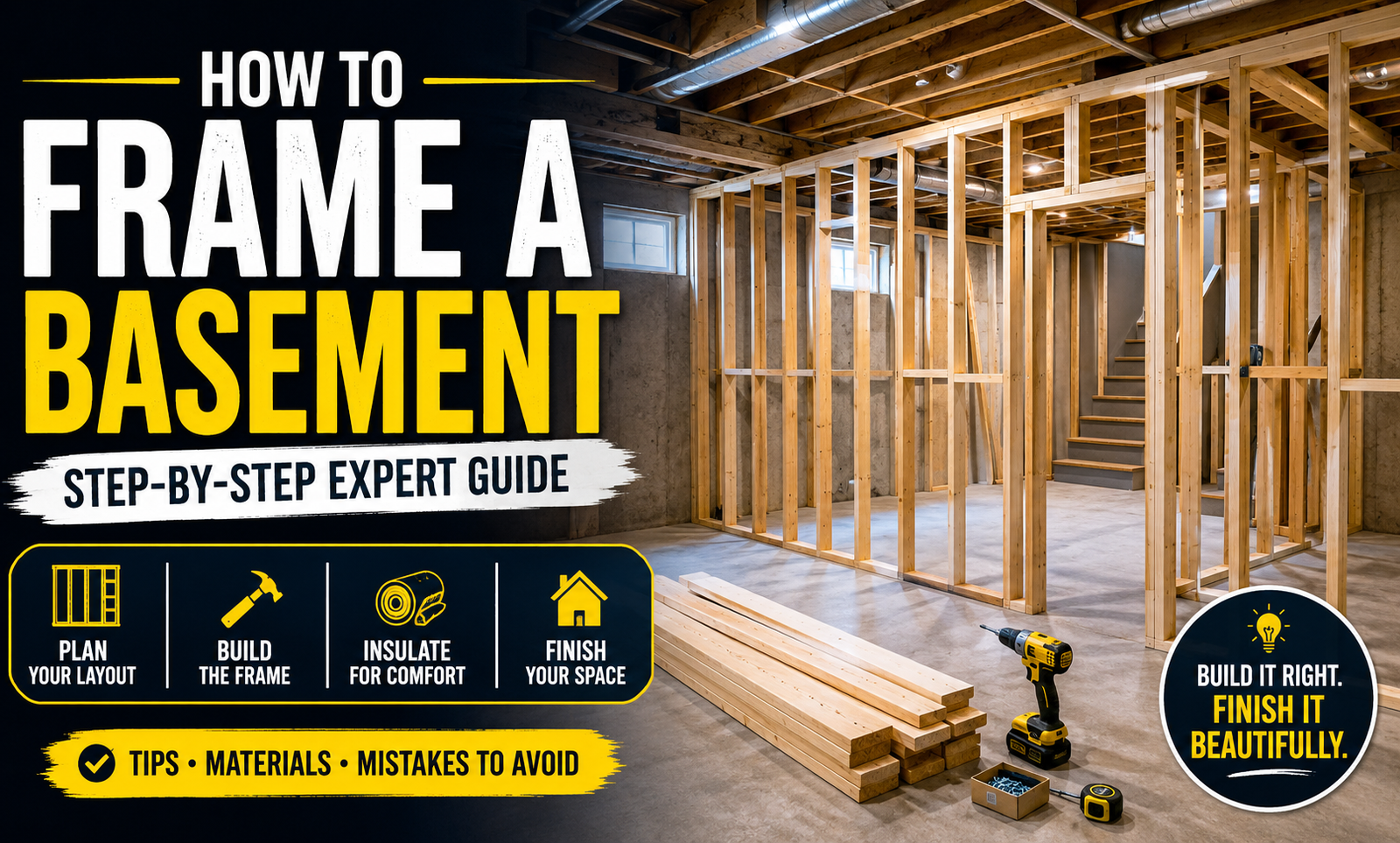 Modern unfinished basement being framed with wood studs for a future living space