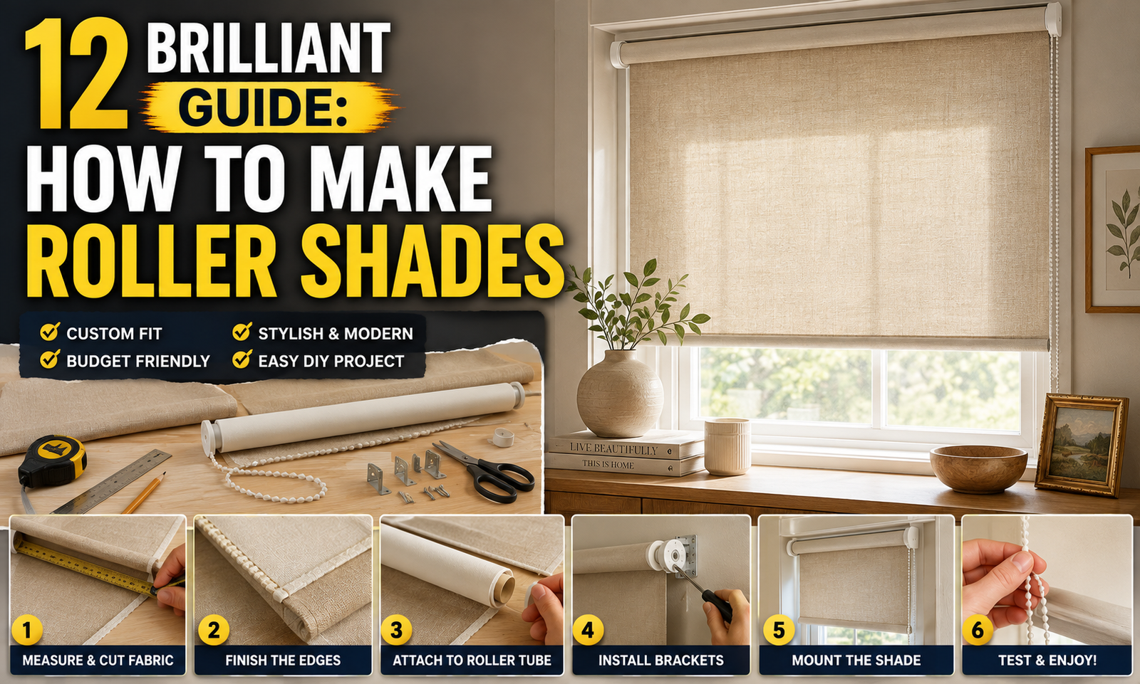 Handmade fabric roller shades covering a bright modern window in a stylish neutral living room