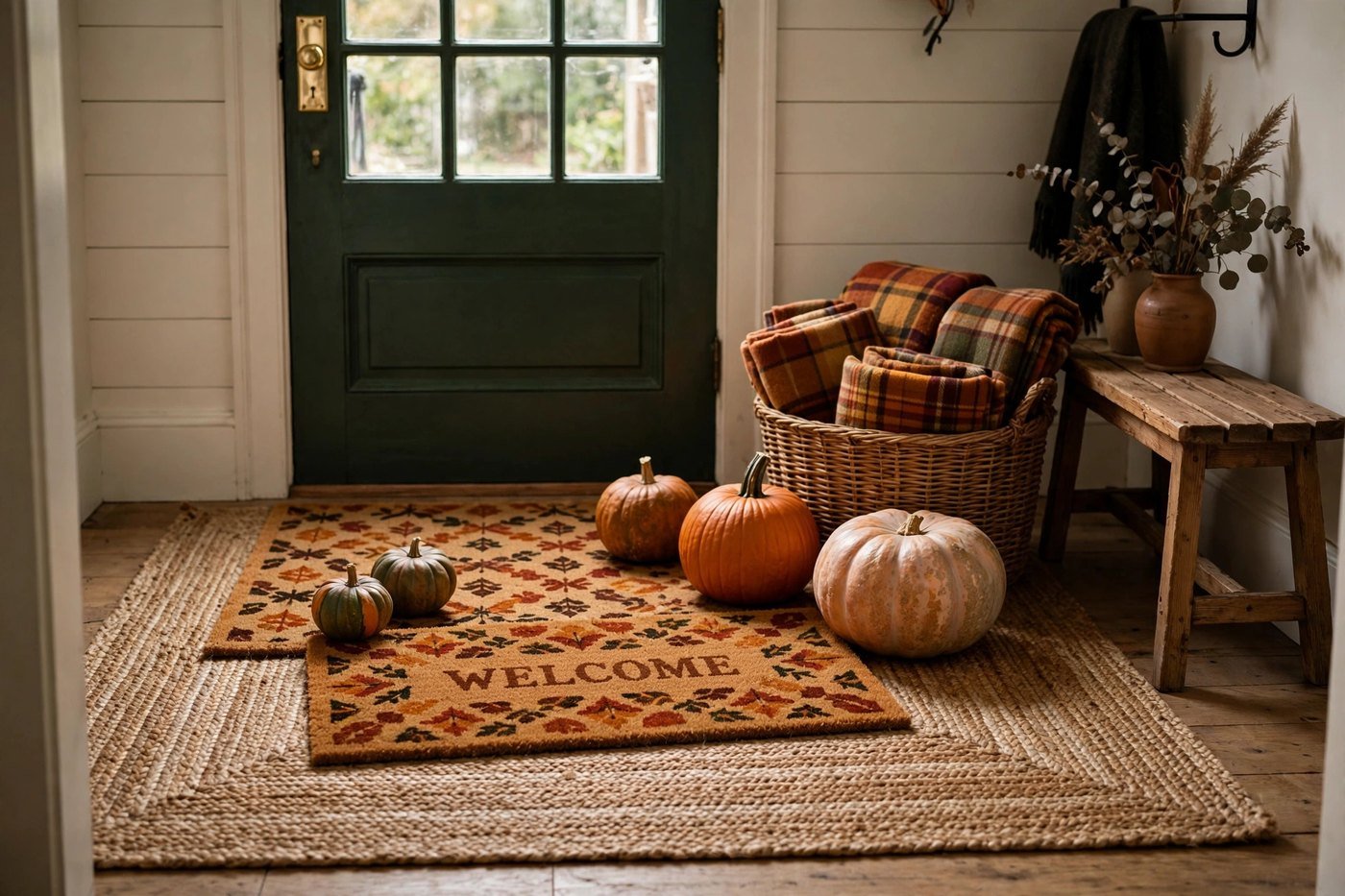 Layered fall entryway doormats with a leaf-patterned welcome mat over a jute rug, pumpkins and a basket of plaid throws