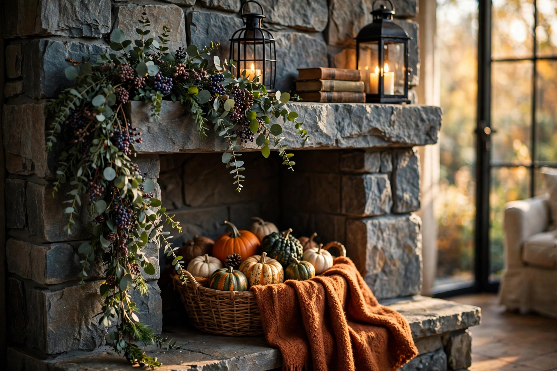 Asymmetrical fireplace mantel styled for autumn with draping eucalyptus garland, lanterns and a pumpkin basket on the hearth