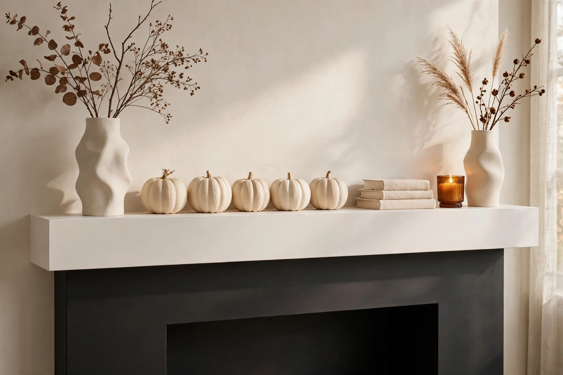 Minimalist neutral fall mantel with cream ceramic pumpkins and dried branches in vases