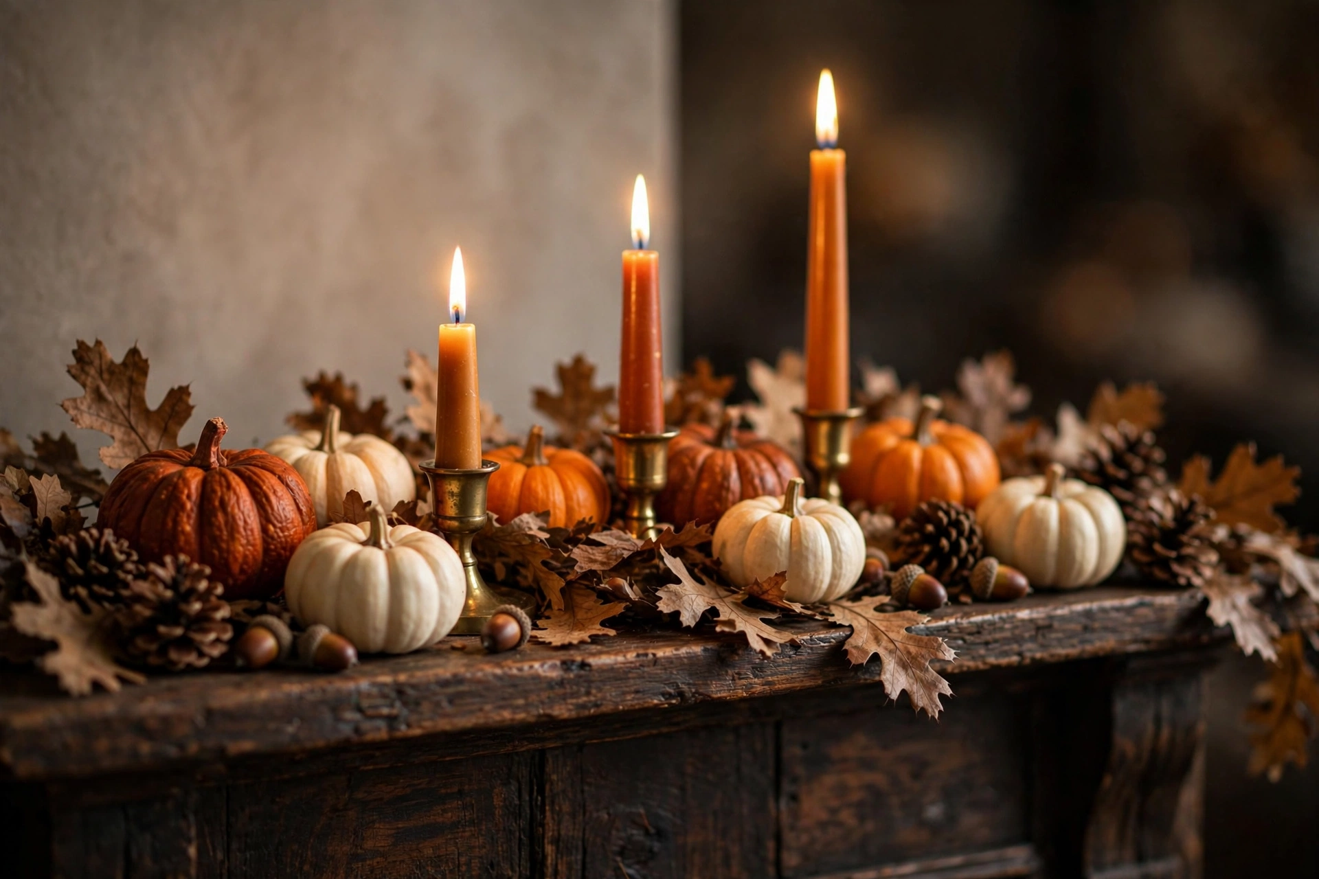 Classic fall mantel styling with pumpkins, taper candles and dried oak leaf garland