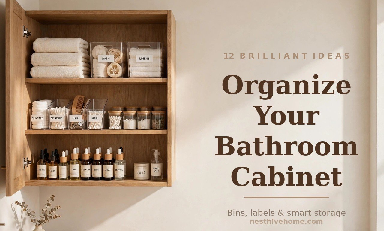How to organize bathroom cabinet with labeled bins, folded towels and tidy shelves in a warm oak cabinet