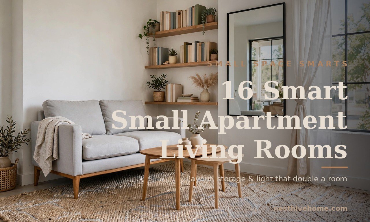 Small apartment living room ideas with a compact loveseat, large textured rug, wall shelves and a mirror reflecting daylight