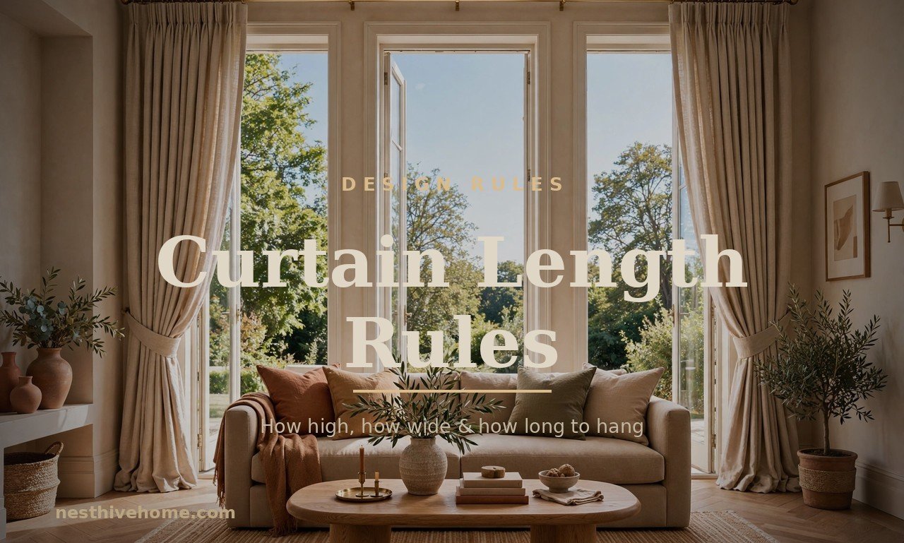 Curtain length rules shown with floor-length linen curtains hung high and wide in an elegant living room