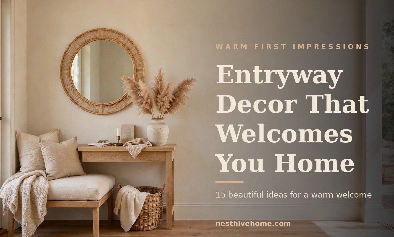 Entryway decor with a warm oak console table, round rattan mirror and cushioned bench