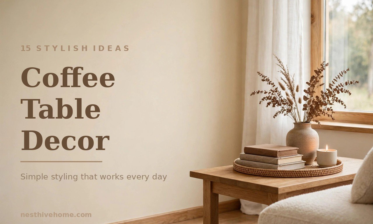 Coffee table decor idea with a styled wooden table, tray, books, vase and candle