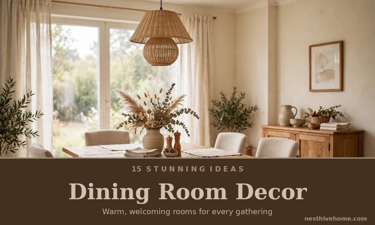 Dining room decor with a warm oak table, linen chairs and dried flower centerpiece