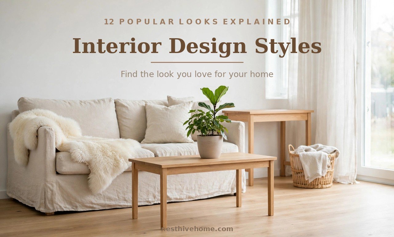 Bright Scandinavian living room showing popular interior design styles in soft neutrals