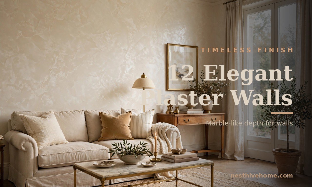 Venetian plaster wall ideas with polished ivory plaster and classic brass accents