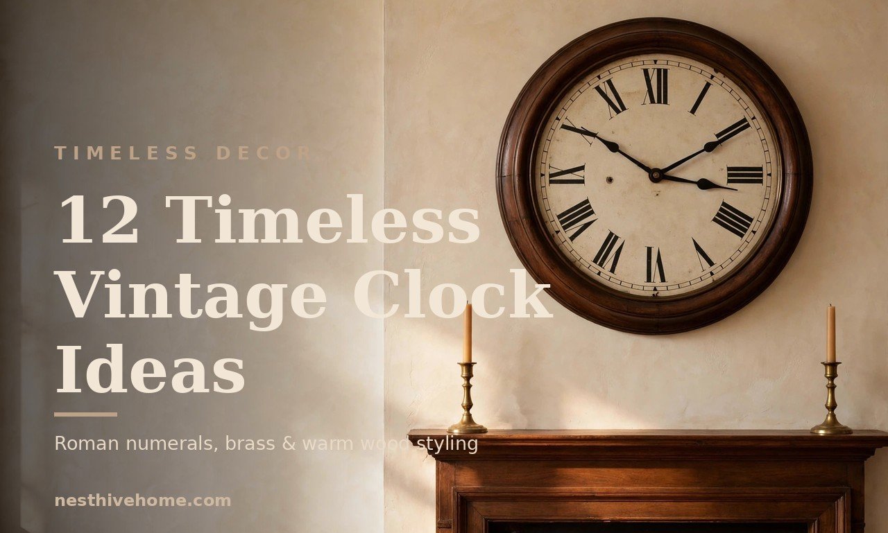 Vintage wall clock decor ideas — large Roman-numeral clock above a wooden mantel with brass candlesticks