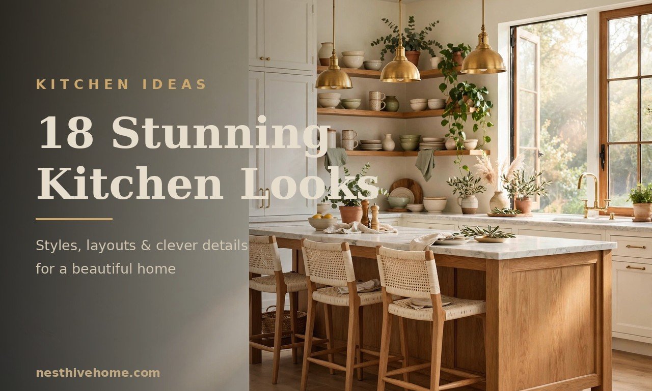 Kitchen ideas: bright modern kitchen with oak island, brass pendants and open shelving