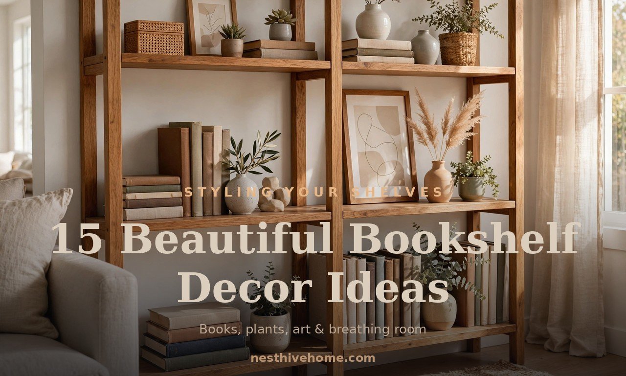 Bookshelf decor ideas with a styled wooden bookcase full of books, plants, and art