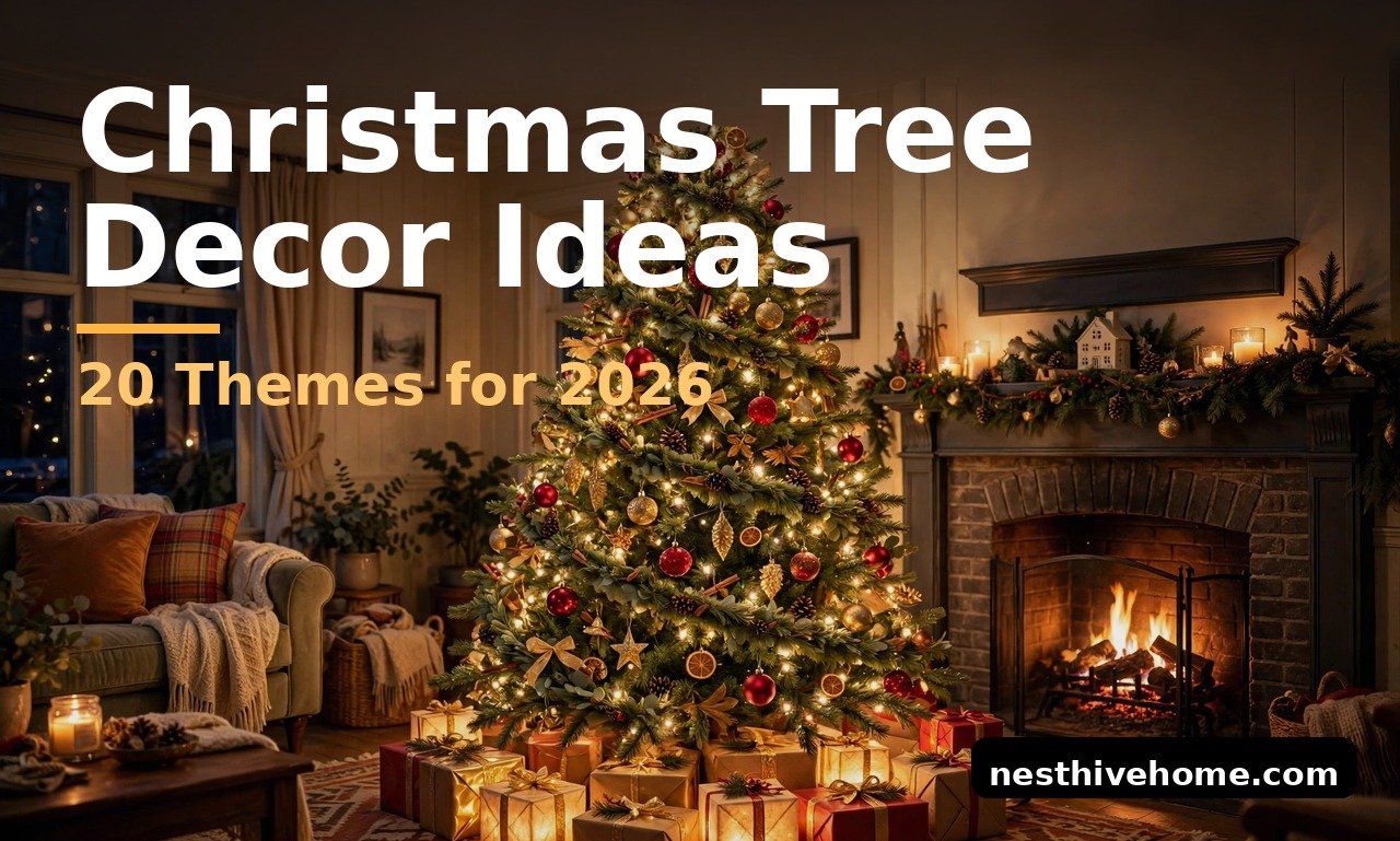 Christmas tree decor ideas: festive tree glowing in a cozy living room