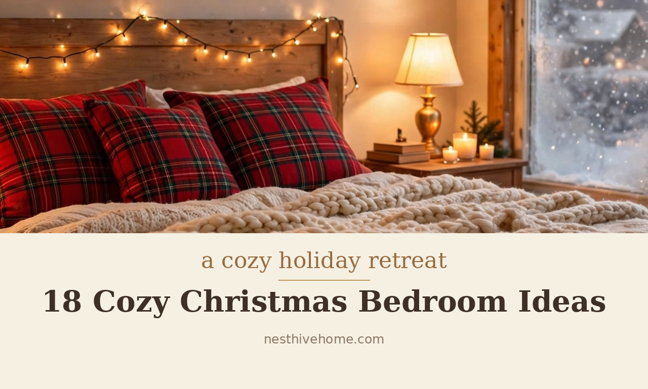 Cozy Christmas bedroom decor with plaid pillows, fairy lights and a snowy window view