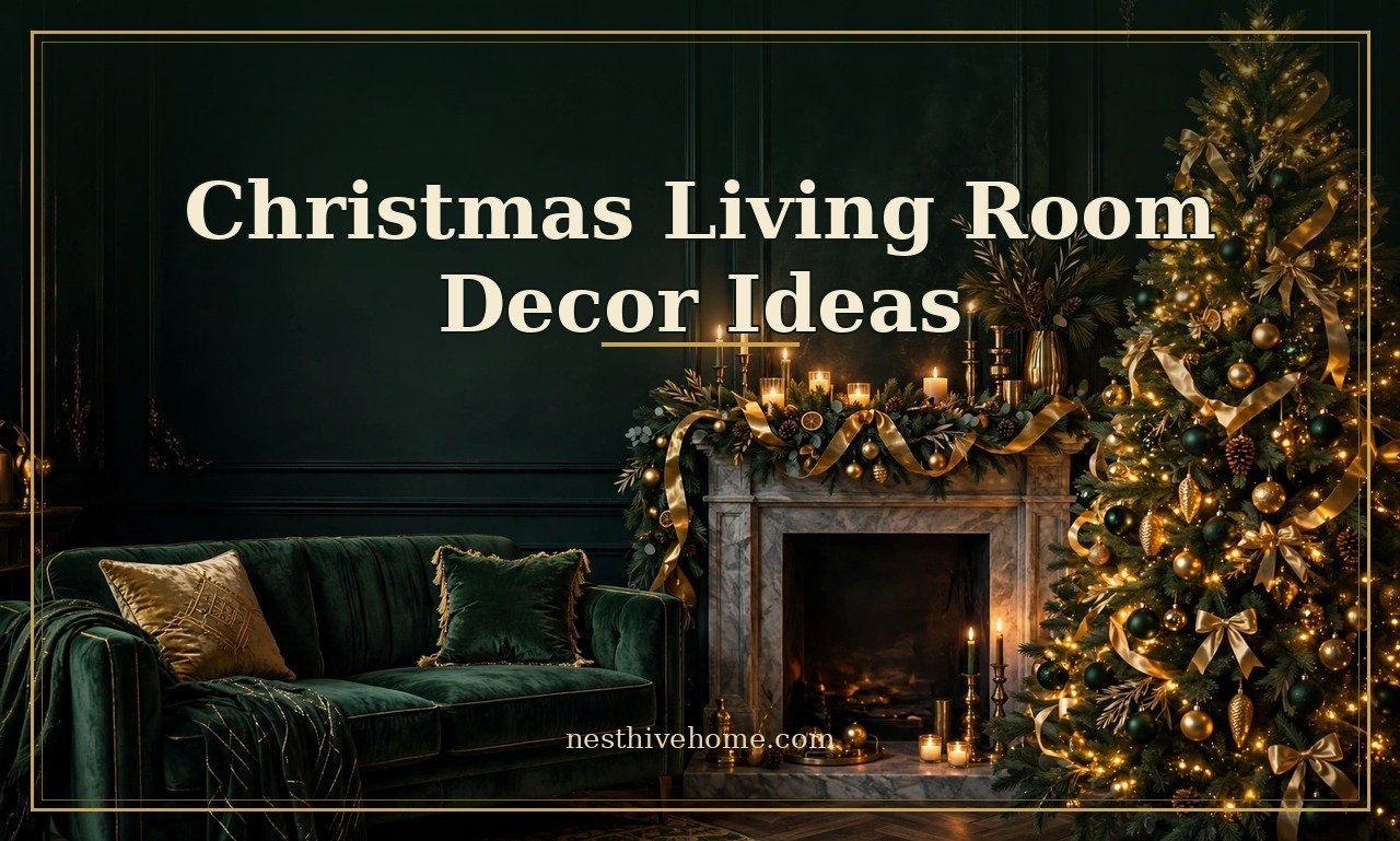 Christmas living room decor ideas: elegant deep green and gold festive living room with fireplace and tree