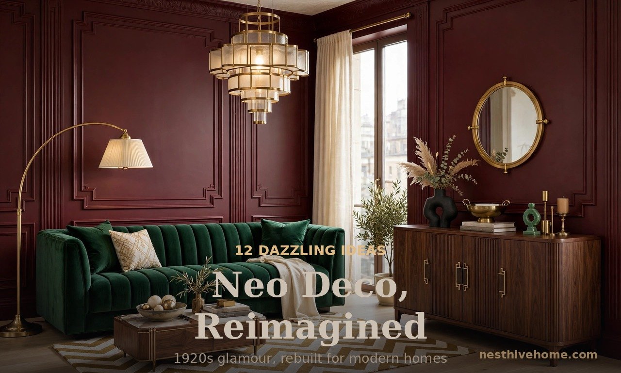 Neo deco interior design living room with burgundy walls, velvet sofa and brass details