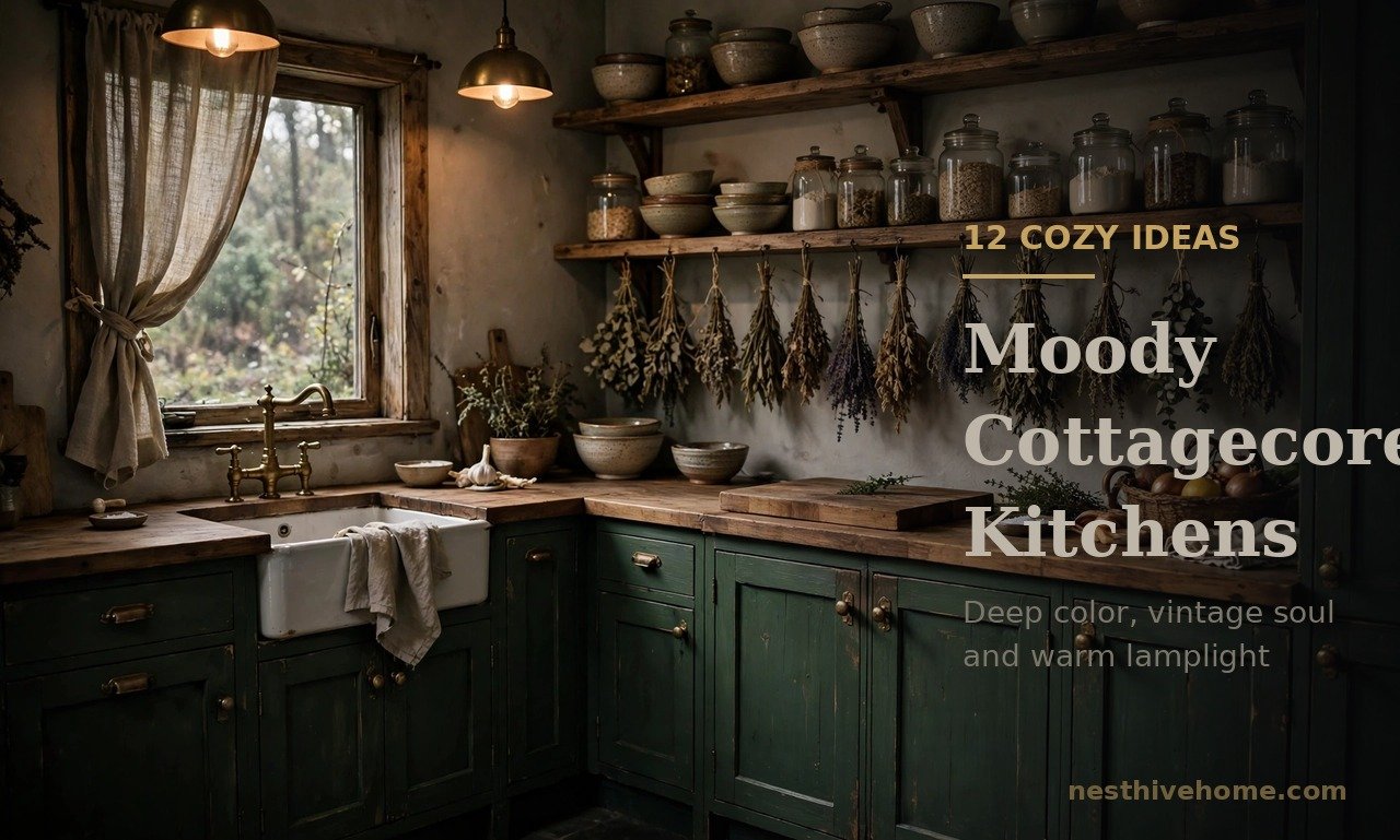 Dark cottagecore kitchen with forest green cabinets, brass hardware and open wooden shelves
