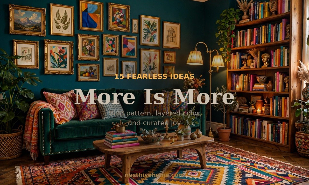 Maximalist living room decor with teal walls, gallery wall, velvet sofa and layered rugs