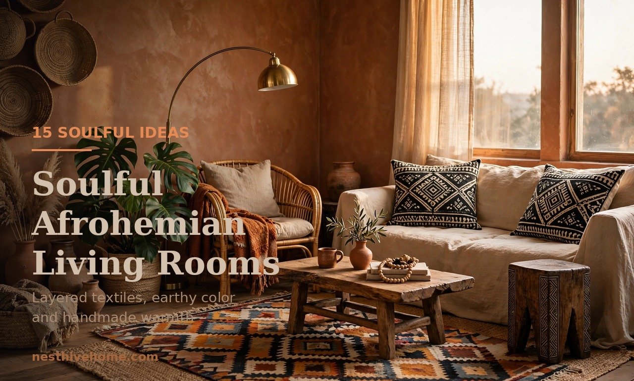 Afrohemian living room decor with terracotta walls, mudcloth cushions and woven textures