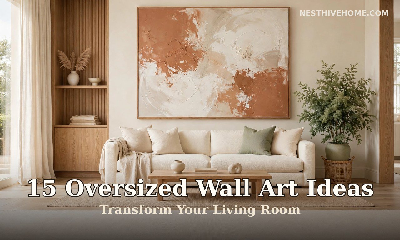 Oversized wall art living room with a huge terracotta abstract canvas above a cream sofa