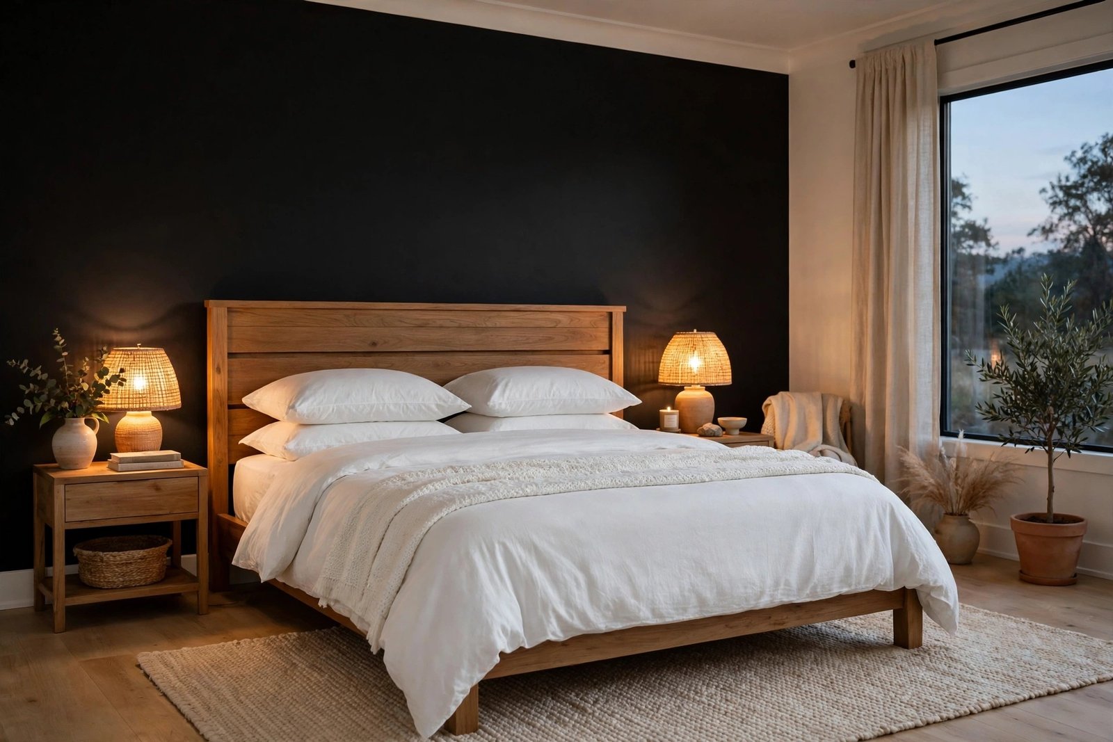 Bedroom with a black accent wall behind a bed with white bedding and warm lamps
