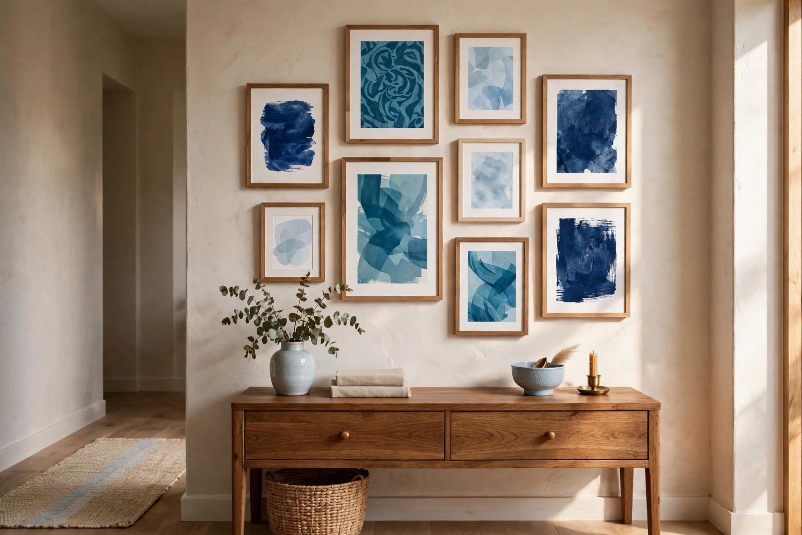 Blue wall art gallery wall of framed navy, teal and pale blue prints above a wooden console table