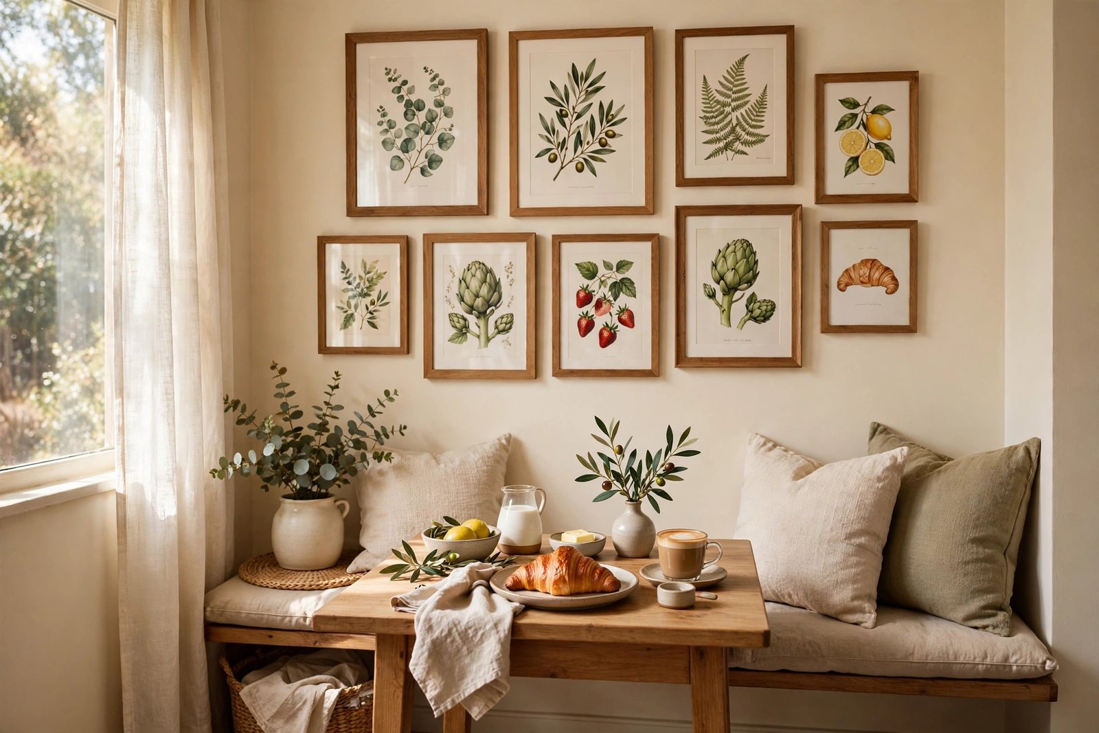 Kitchen gallery wall with framed food and botanical prints above a breakfast nook table