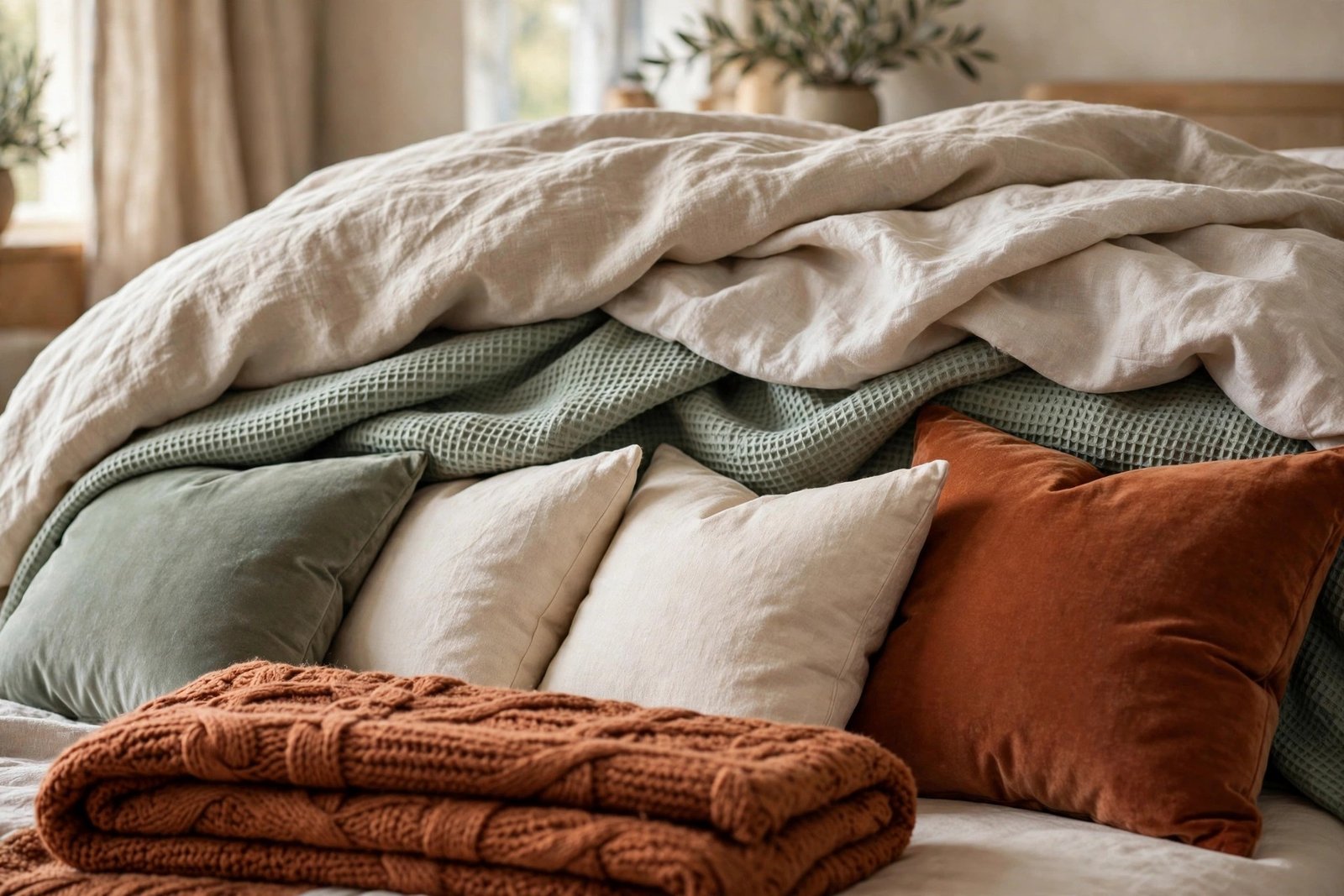 Layered cozy bed with linen duvet, knit throw and velvet cushions in cream and rust