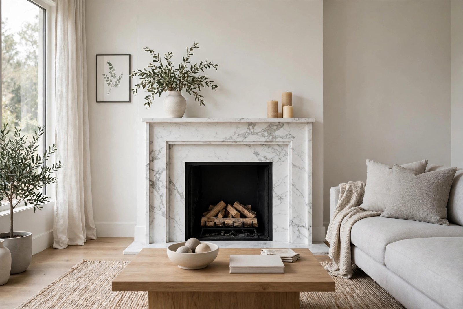 Fireplace surround ideas in marble: white marble surround with a vase and candles on the mantel