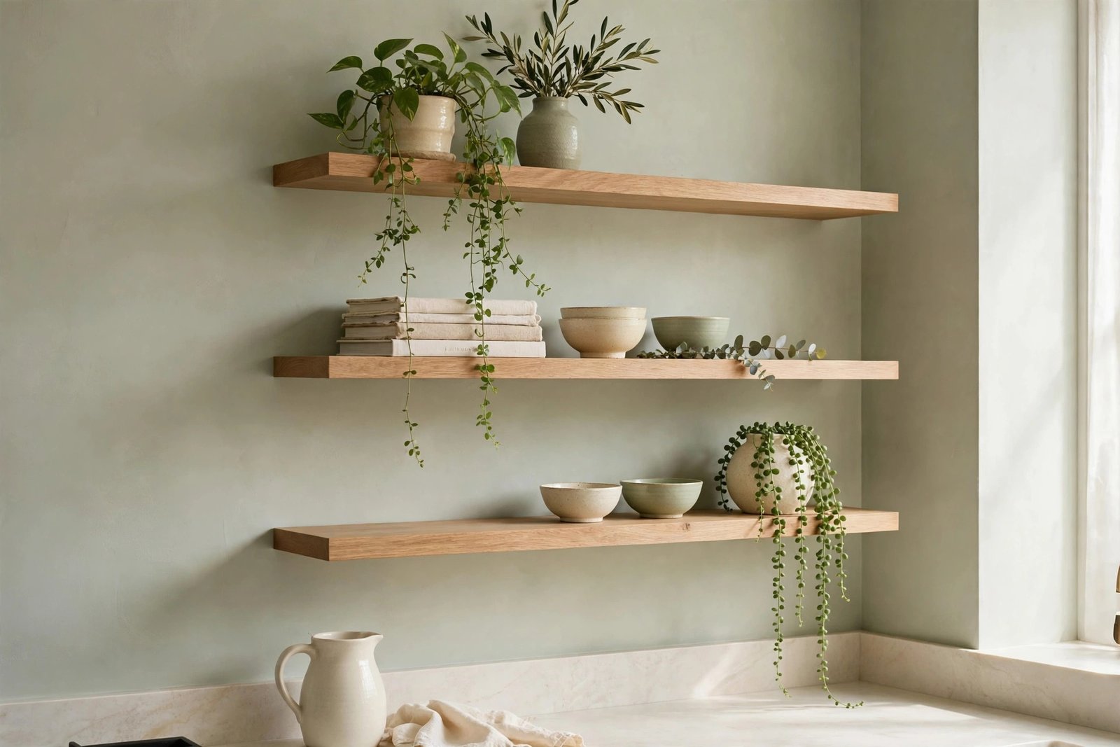 Floating shelves as kitchen wall decor ideas, styled with trailing plants, ceramic vases and cookbooks