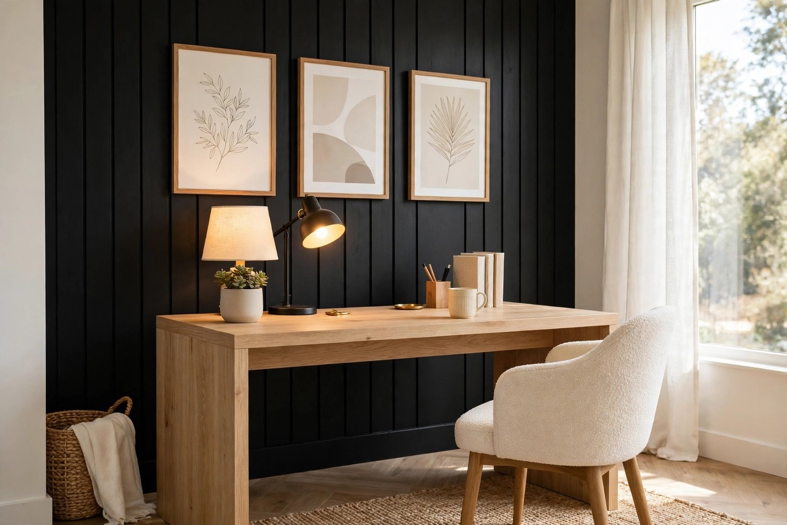 Home office with a black accent wall, light oak desk and framed art prints